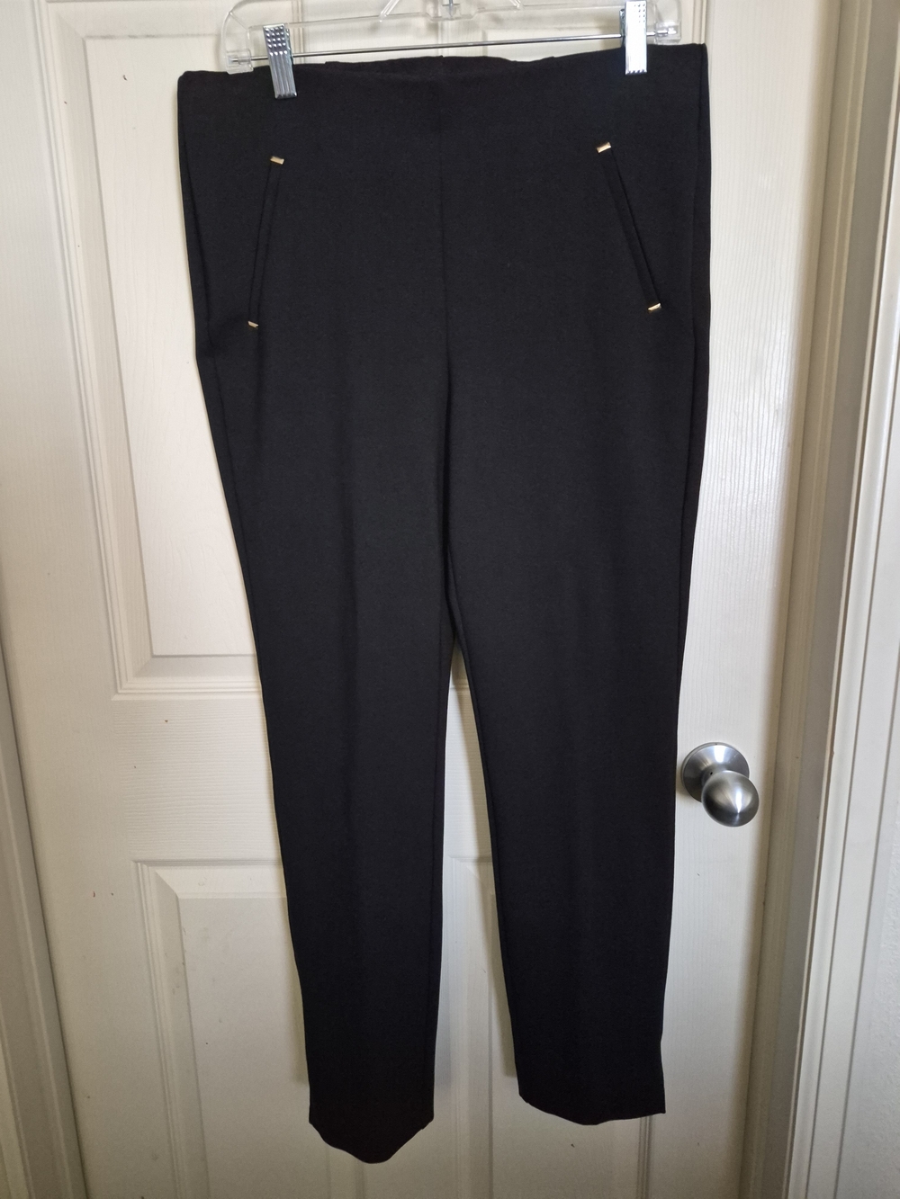 Size L Chico's Black Straight-Leg Pull-On Pants with Gold-Tone Trim